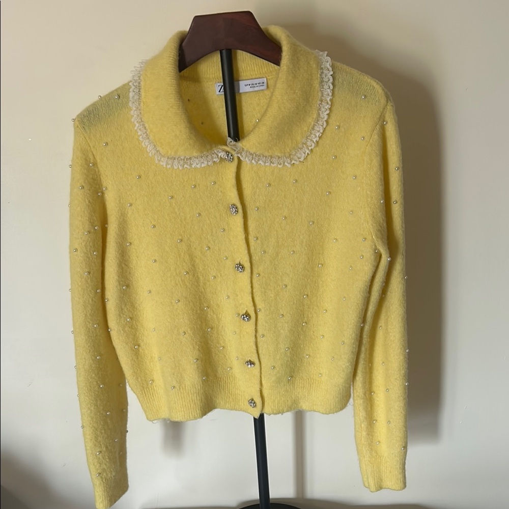 Zara Yellow Cardigan with Lace Trim